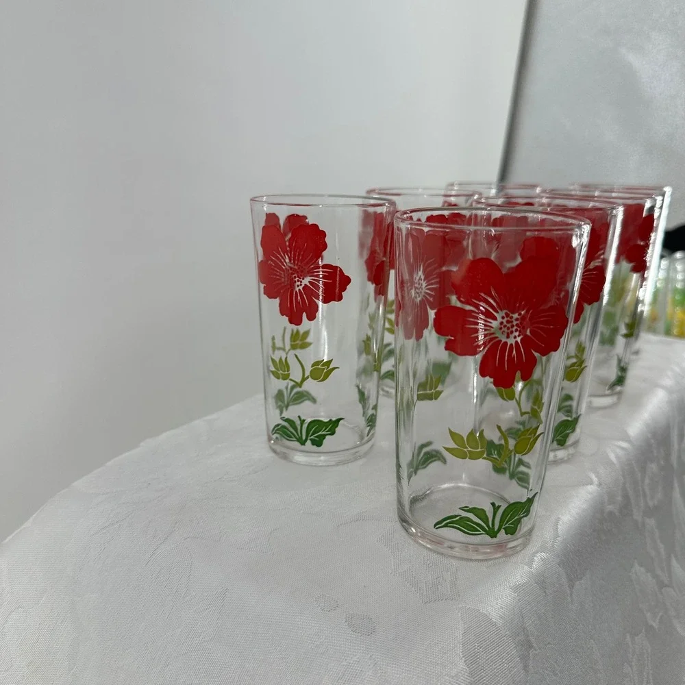 Vintage Federal Glass Tumblers Floral Set 7 Excellent Mid Century Modern Retro